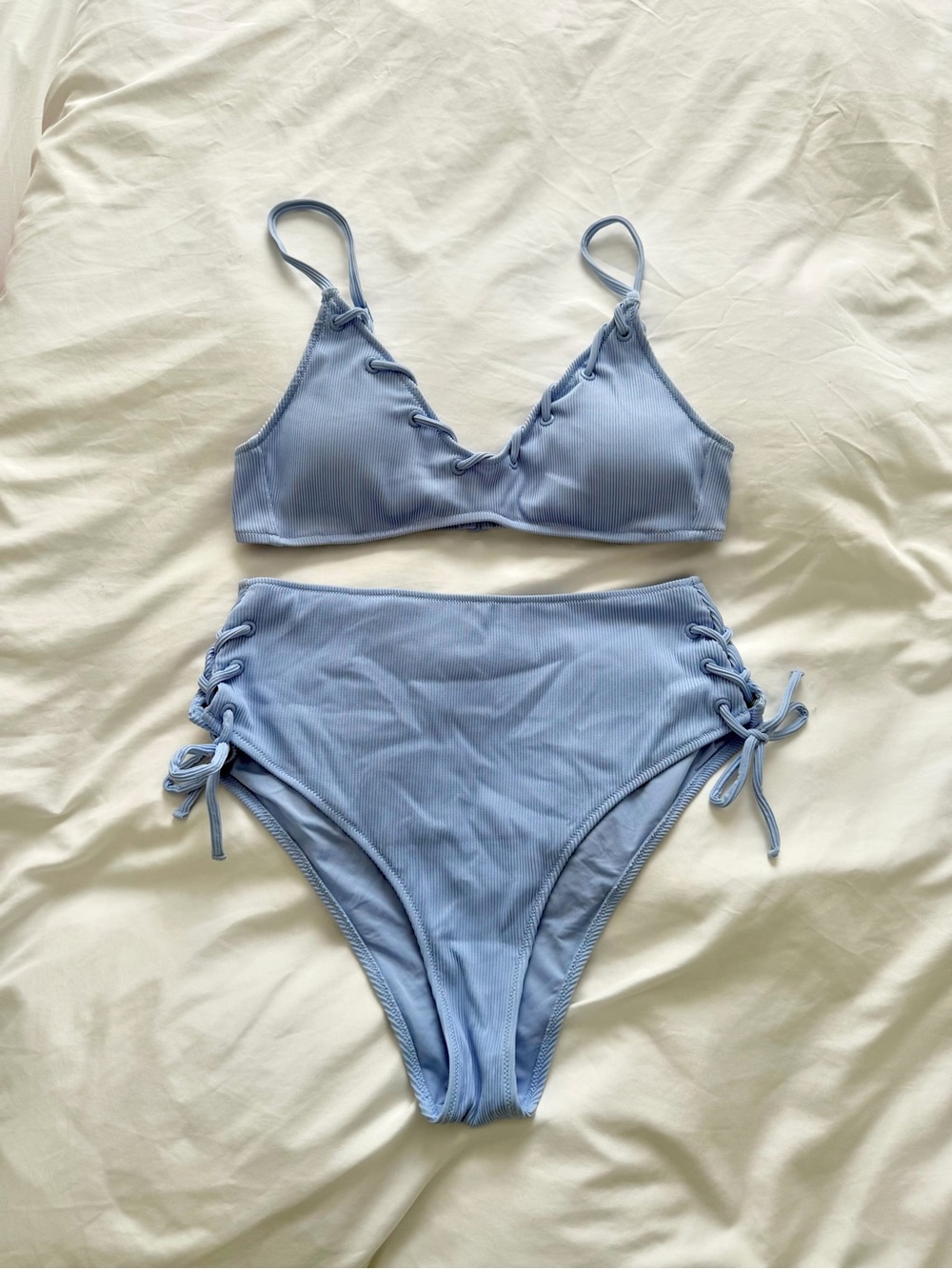 aerie Light Blue Lace-Up High Waist Bikini Set